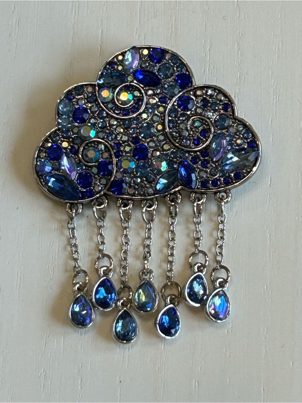 Sparkly Rain Cloud pin/brooch silver-tone with rhinestones in blues. so pretty!